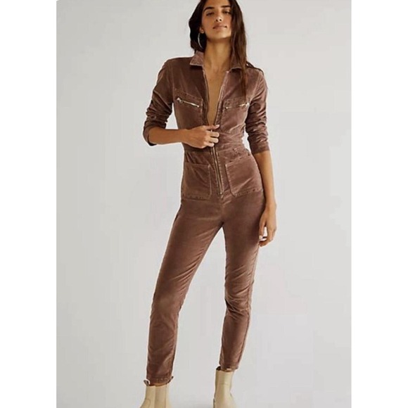Pants - Free People Brown Corduroy Jumpsuit XL Zip Front Utility One Piece Fitted